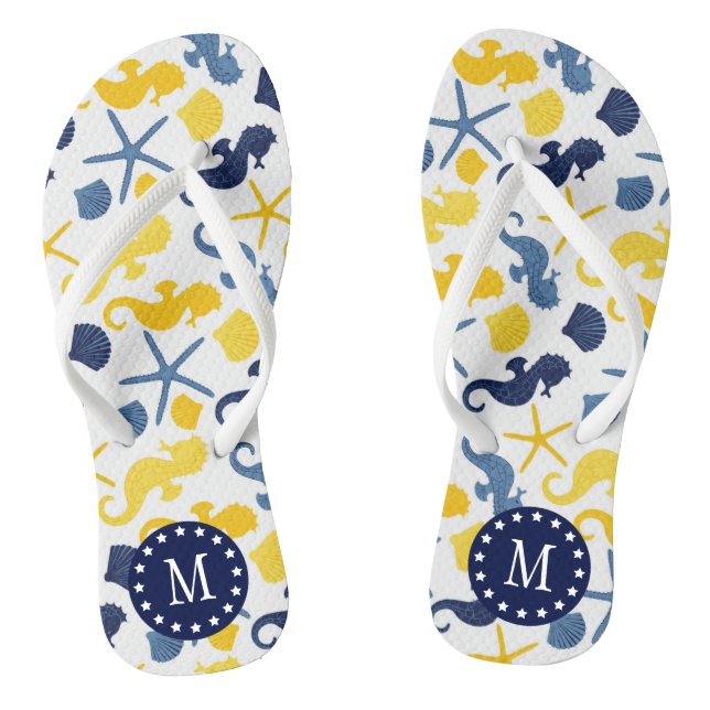 Tongs Monogramme Motif de Seahorse bleu et or (Semelle)