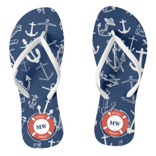 Tongs Monogramme nautique Ancre bleu marine Motif