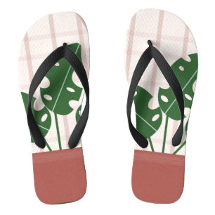 Tongs Monstera thématique terracotta rose à carreaux