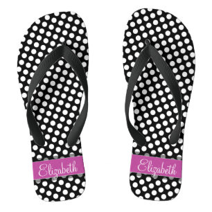 Tongs Motif à points Polka roses et noirs avec monogram