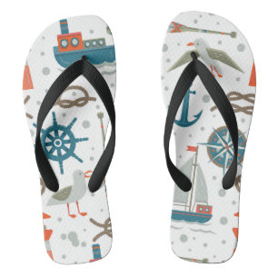 Tongs Motif blanc gris turquoise sur le thème nautique