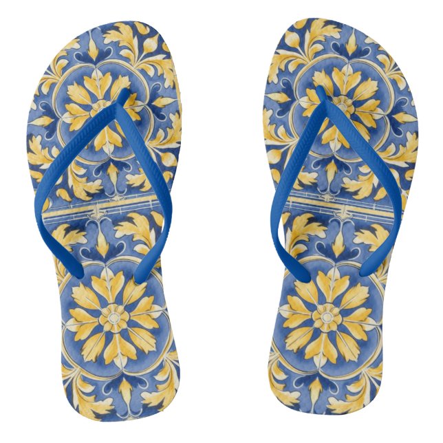 Tongs Motif botanique méditerranéen - Bleu et Jaune (Semelle)
