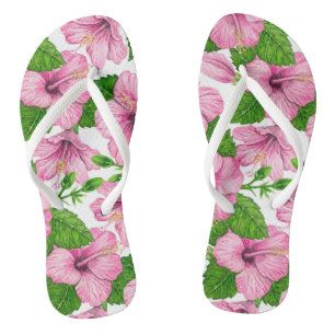 Tongs Motif d'aquarelle d'hibiscus rose