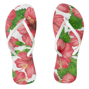 Tongs Motif d'aquarelle d'hibiscus rouge