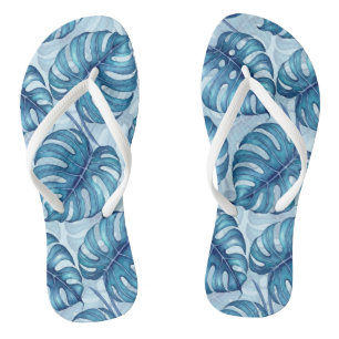 Tongs Motif d'aquarelle Monstera bleu