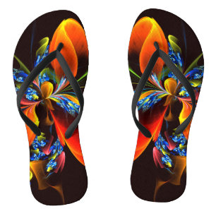 Tongs Motif d'art abstrait moderne floral bleu orange #0