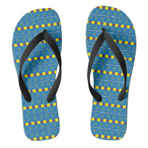 Tongs Motif d'art populaire géométrique bleu et jaune