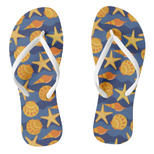 Tongs Motif De Coquillages Bleu Et Orange