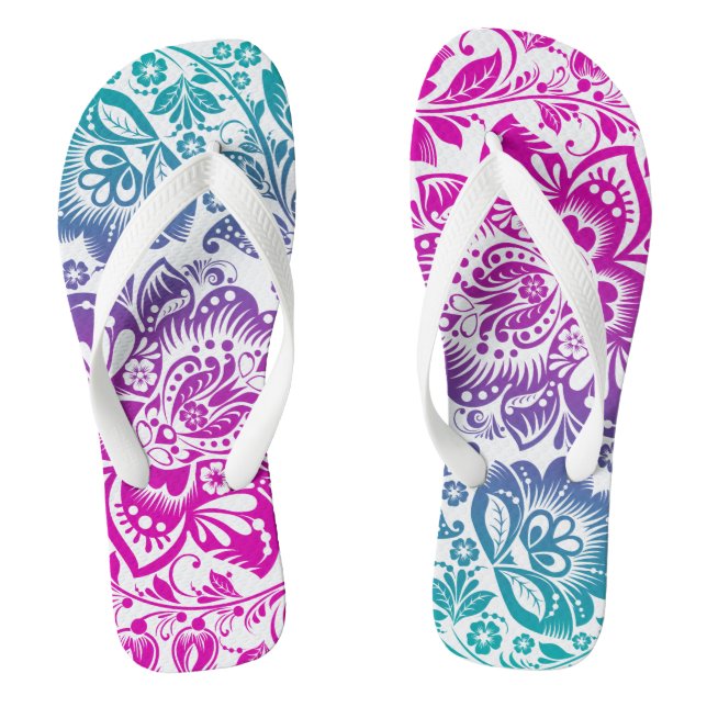 Tongs Motif De Damas Florales Rose Et Vert (Semelle)