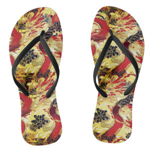 Tongs Motif de dragon japonais rouge, or et noir