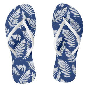 Tongs Motif de fougères de bois, bleu de cobalt et blanc