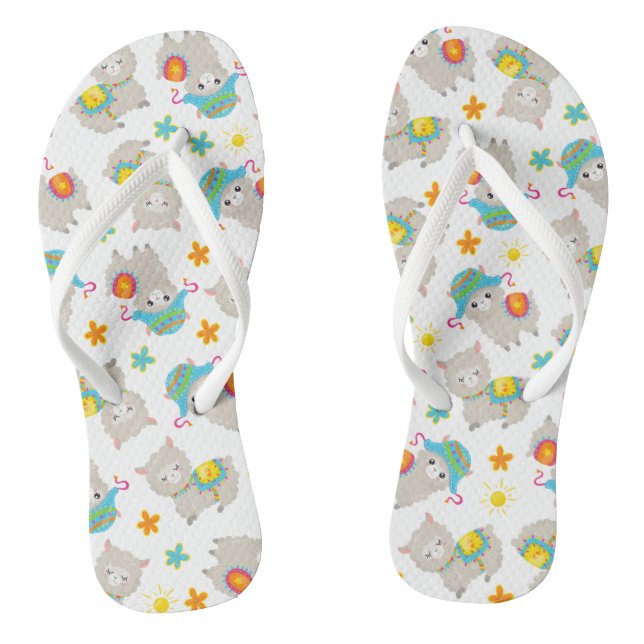 Tongs Motif De Llamas, Cute Llamas, Alpacas, Fleurs (Semelle)