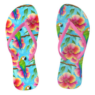 Tongs Motif de perroquet et de fleurs tropicales