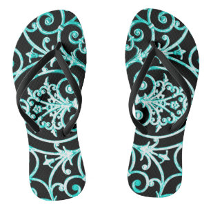 Tongs Motif de volutes en vert-de-gris et noir