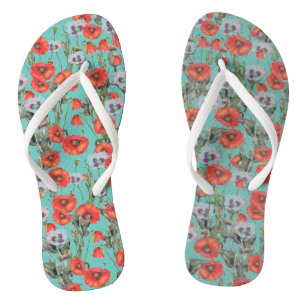Tongs Motif des Poppies rouges et aqua