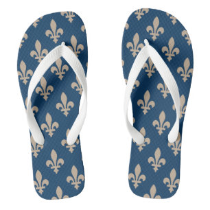 Tongs Motif Fleur de Lis, Royal Français, Crème sur Bleu