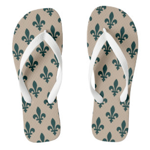 Tongs Motif Fleur de Lis, Vert Royal Français sur Crème