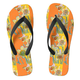 Tongs Motif floral artistique jonquille orange jaune