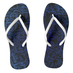 Tongs motif floral bleu sur noir
