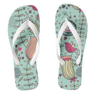 Tongs Motif floral de bande dessinée avec des oiseaux