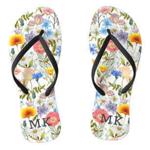 Tongs Motif floral de printemps monogrammé Monogramme