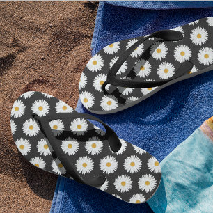 Tongs Motif floral marguerrier blanc sur noir