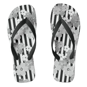 Tongs Motif floral noir et blanc rétro rayé
