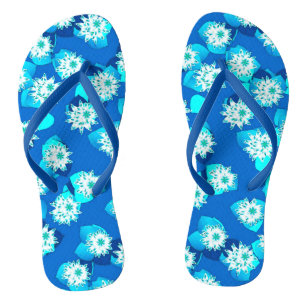 Tongs Motif Nymphéa, turquoise, bleu et blanc