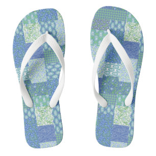 Tongs Motif Patchwork Faux Floral Bleu Pervenche Bohème