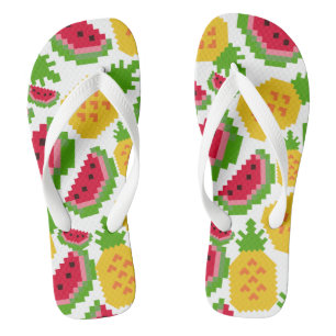 Tongs Motif Pixel de Pastèque et Ananas Tropicaux