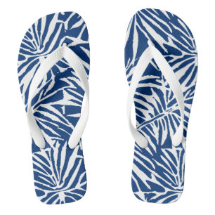 Tongs Motif Répétitif De Feuille Tropicale Blanche Et Bl