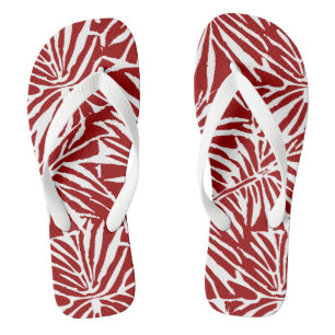 Tongs Motif Répétitif de Feuille Tropicale Blanche et Ro