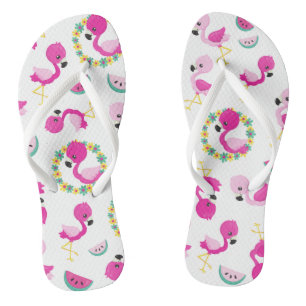 Tongs Motif tropical, Flamants roses, pastèques, Fleurs