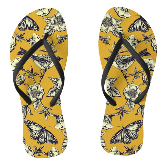 Tongs Moutarde Jaune et Oiseaux de la Marine, Papillons  (Semelle)