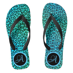 Tongs Neon Turquoise Empreinte de léopard Monogramme