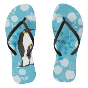 Tongs noël, noël, pingouin, fleurs, bleu,