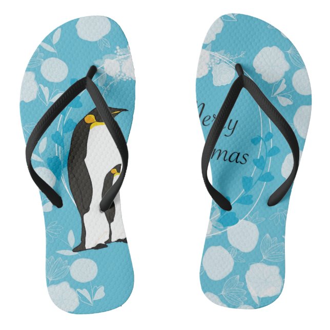 Tongs noël, noël, pingouin, fleurs, bleu, (Semelle)