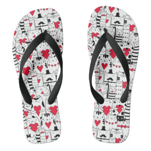 Tongs Noir Blanc Cute Chat Coeur Rouge