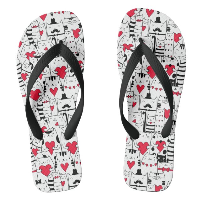 Tongs Noir Blanc Cute Chat Coeur Rouge (Semelle)
