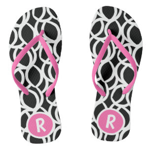 Tongs Noir et blanc Abstrait Motif rose Monogramme