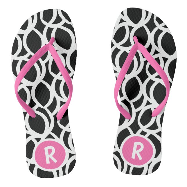 Tongs Noir et blanc Abstrait Motif rose Monogramme (Semelle)