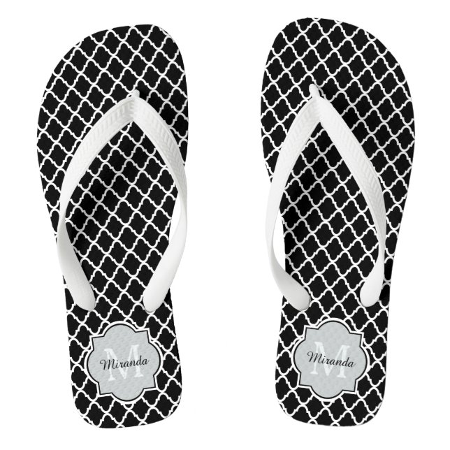 Tongs Noir et blanc moderne Quatrefoil Nom monogramme (Semelle)
