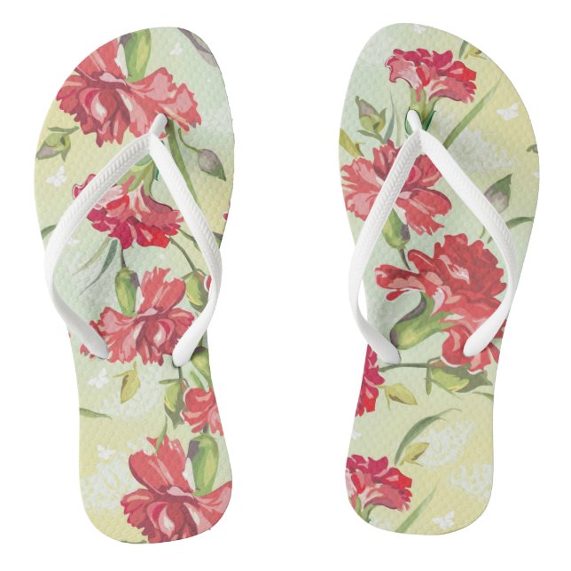 Tongs Oeillets rouges sur le vert avec des papillons (Semelle)