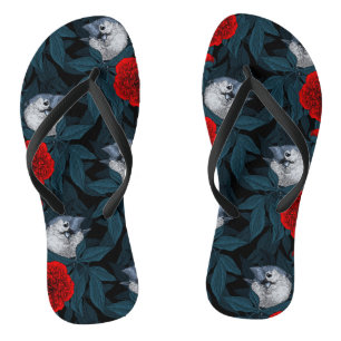 Tongs Oiseaux et fleurs de pivoines rouges avec feuilles