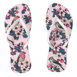 Tongs Oiseaux et fleurs roses