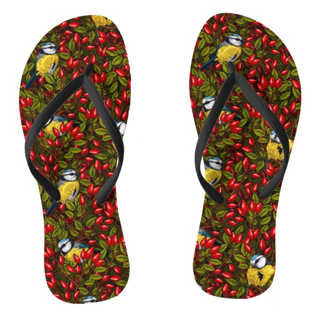 Tongs Oiseaux et hanches roses de chien, vert et rouge (Semelle)