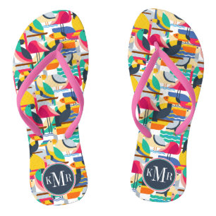 Tongs Oiseaux tropicaux géométriques Monogramme