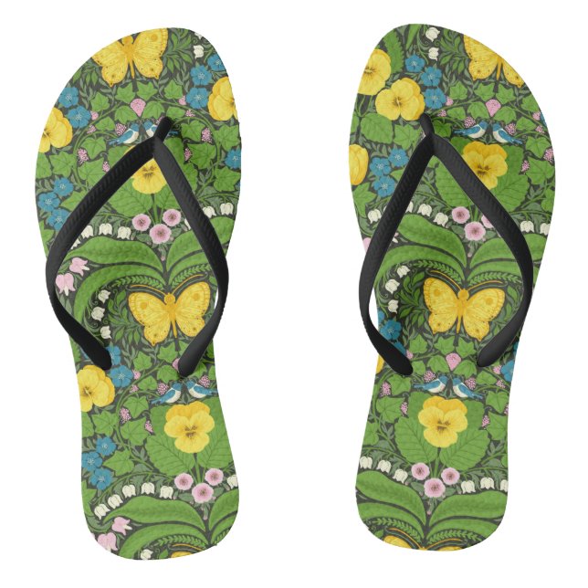 Tongs Pansies jaunes, oiseaux et papillons (Semelle)