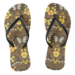 Tongs Pansies jaunes, oiseaux et papillons