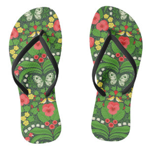 Tongs Pansies rouges, oiseaux et papillons
